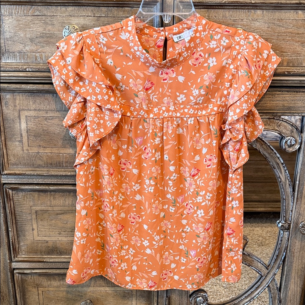 DR2 orange floral ruffle sleeve blouse
